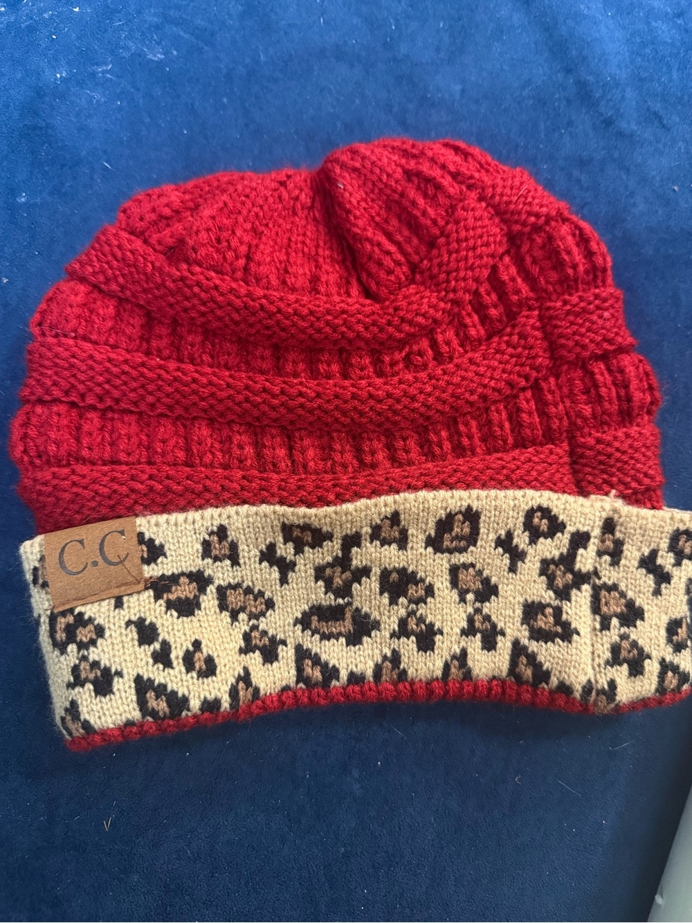 C.C red Knit Beanie with Leopard Print Cuff